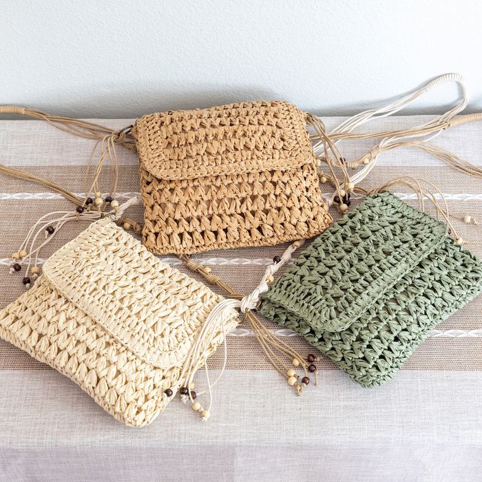 Woven Straw Flap Crossbody Bag with Knotted Strap