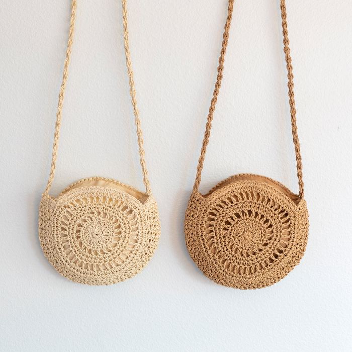 Round Openwork Straw Crossbody Bag with Knotted Strap
