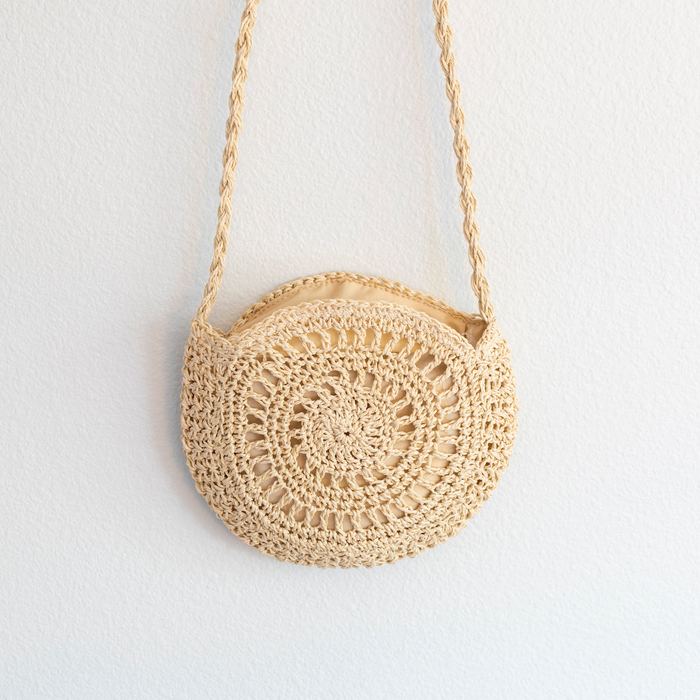 Round Openwork Straw Crossbody Bag with Knotted Strap