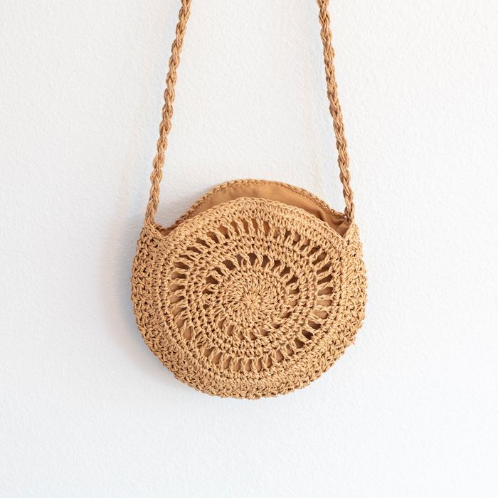 Round Openwork Straw Crossbody Bag with Knotted Strap