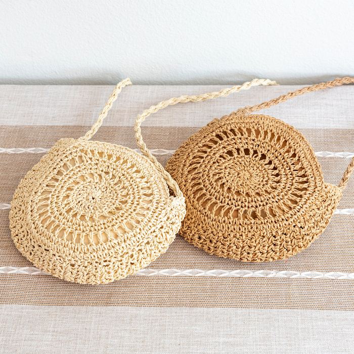 Round Openwork Straw Crossbody Bag with Knotted Strap