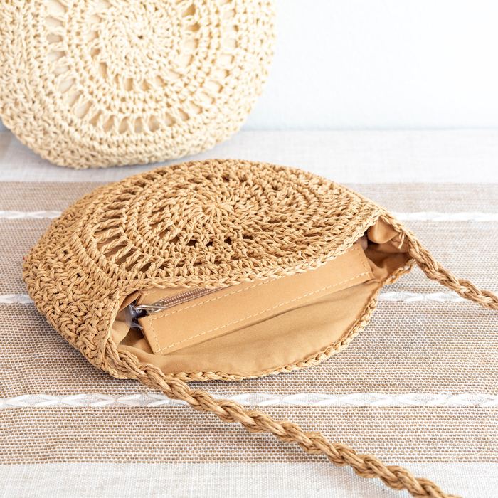 Round Openwork Straw Crossbody Bag with Knotted Strap
