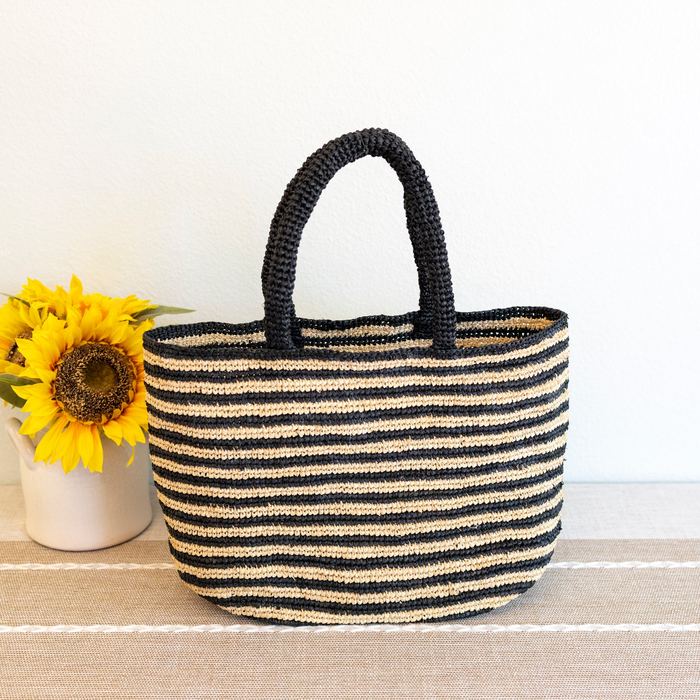 Black and Natural Striped Raffia Tote