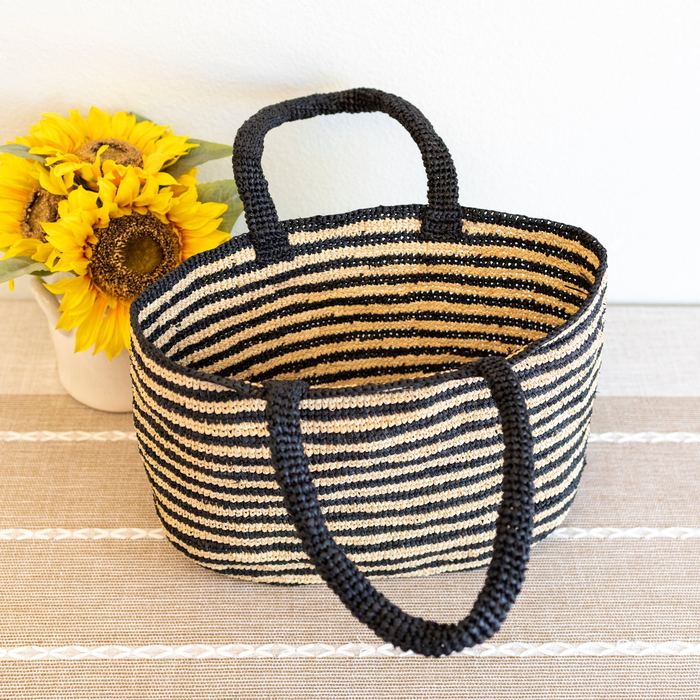 Black and Natural Striped Raffia Tote