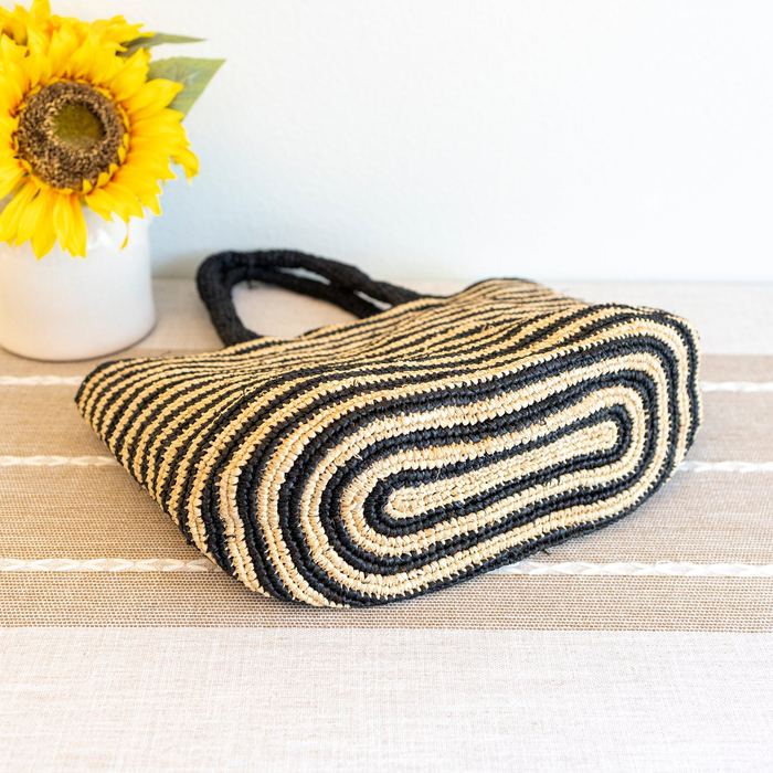 Black and Natural Striped Raffia Tote