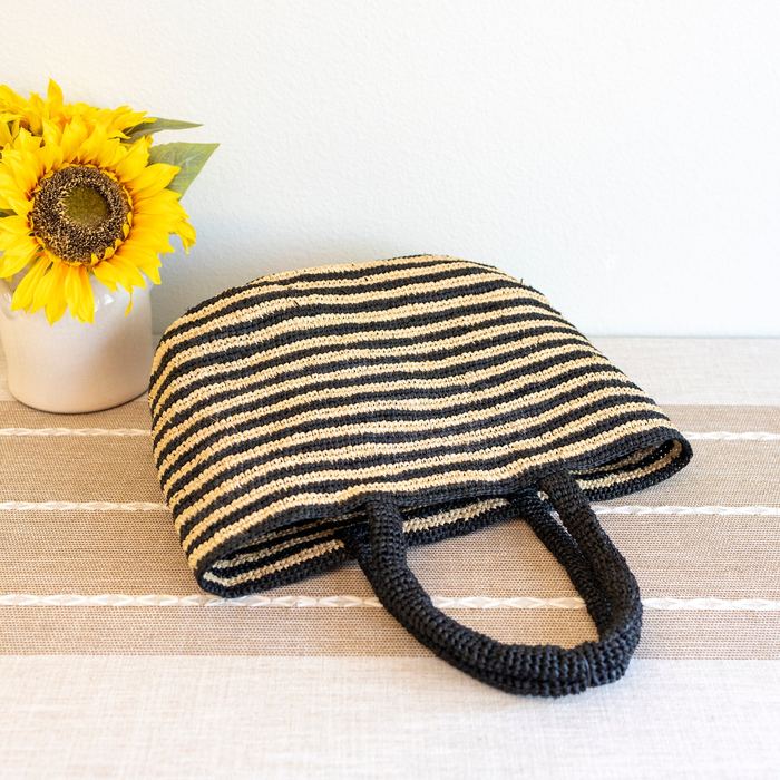 Black and Natural Striped Raffia Tote