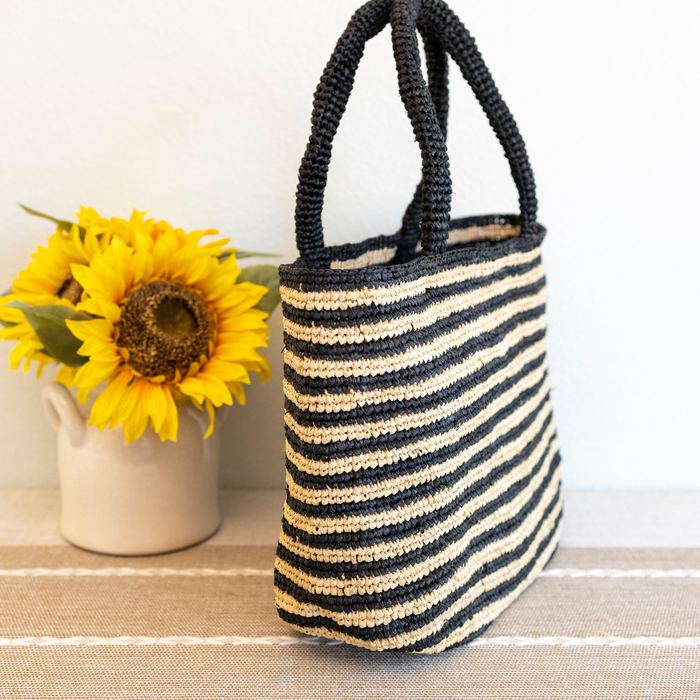 Black and Natural Striped Raffia Tote