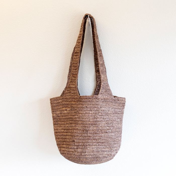 Brown Raffia Shoulder Tote with Long Woven Handles