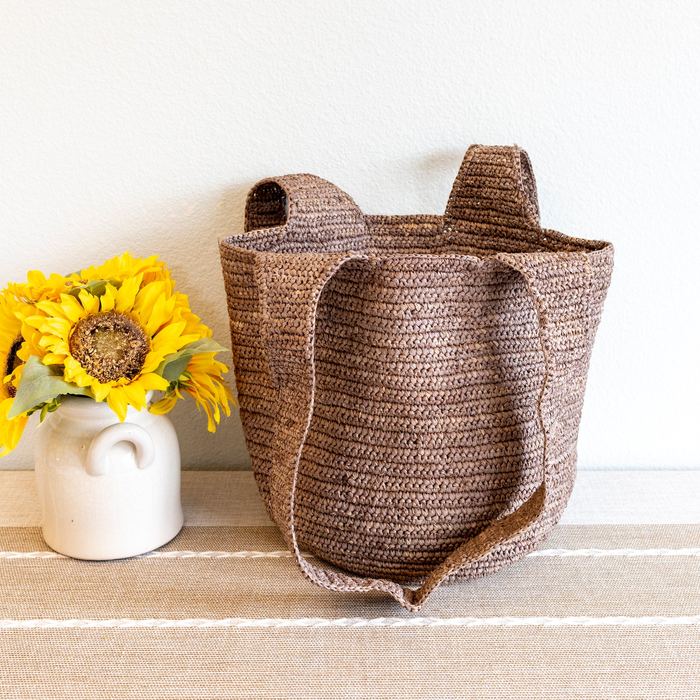 Brown Raffia Shoulder Tote with Long Woven Handles