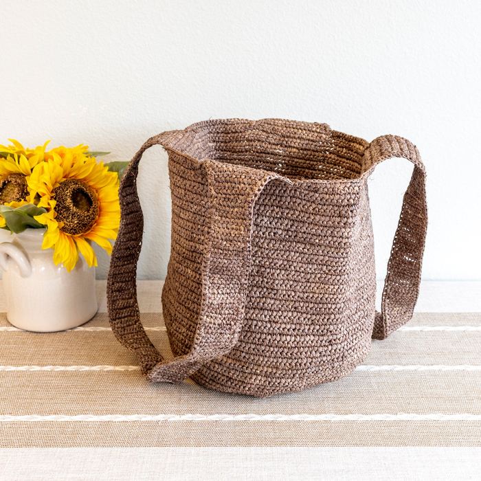 Brown Raffia Shoulder Tote with Long Woven Handles