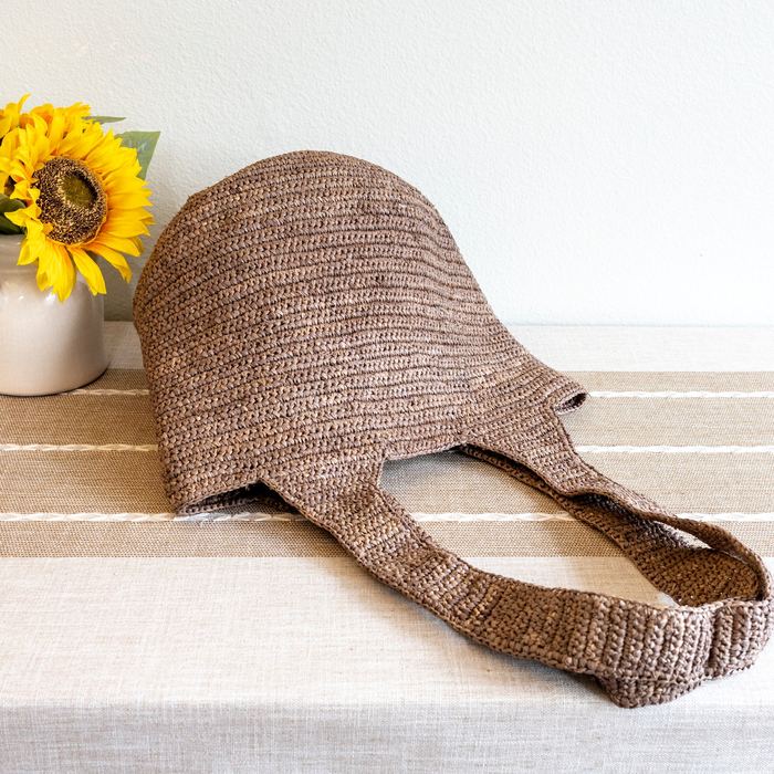 Brown Raffia Shoulder Tote with Long Woven Handles