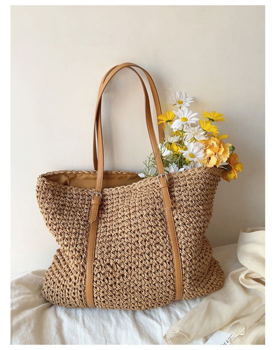 Wide Textured Straw Tote with Full-Length Woven Handles
