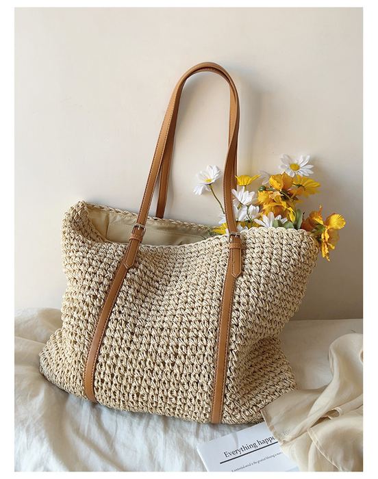 Wide Textured Straw Tote with Full-Length Woven Handles