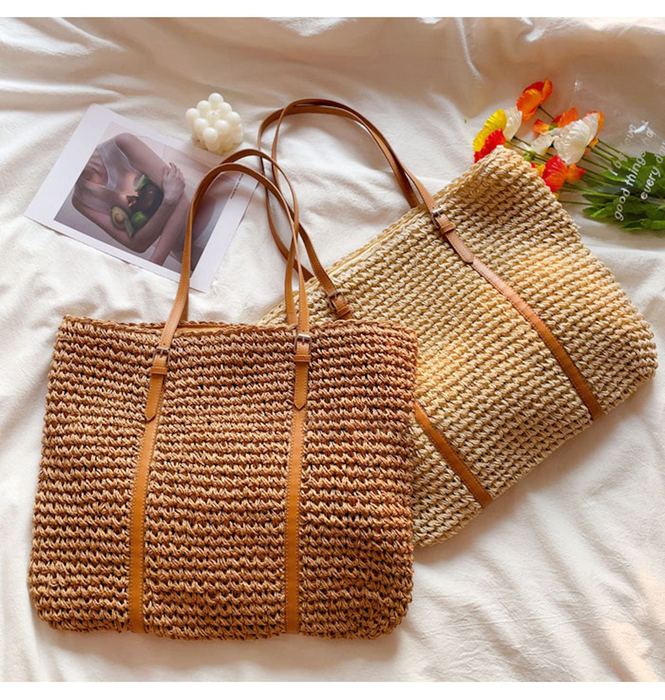 Wide Textured Straw Tote with Full-Length Woven Handles