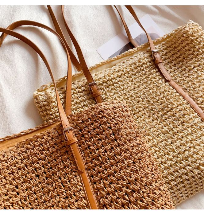 Wide Textured Straw Tote with Full-Length Woven Handles