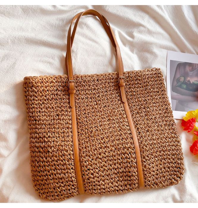 Wide Textured Straw Tote with Full-Length Woven Handles