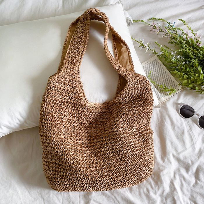 Woven Straw Hobo Tote with Matching Wide Handles
