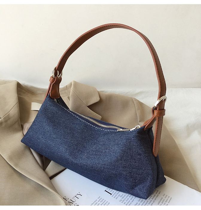 Denim Baguette Shoulder Bag with Brown Strap