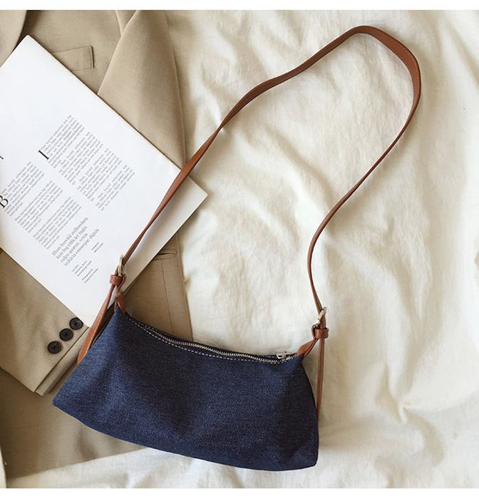 Denim Baguette Shoulder Bag with Brown Strap