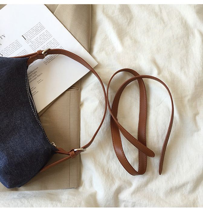 Denim Baguette Shoulder Bag with Brown Strap