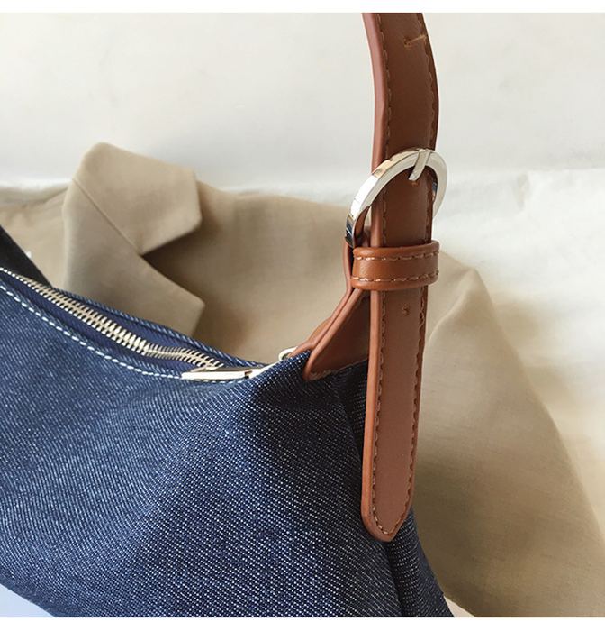 Denim Baguette Shoulder Bag with Brown Strap