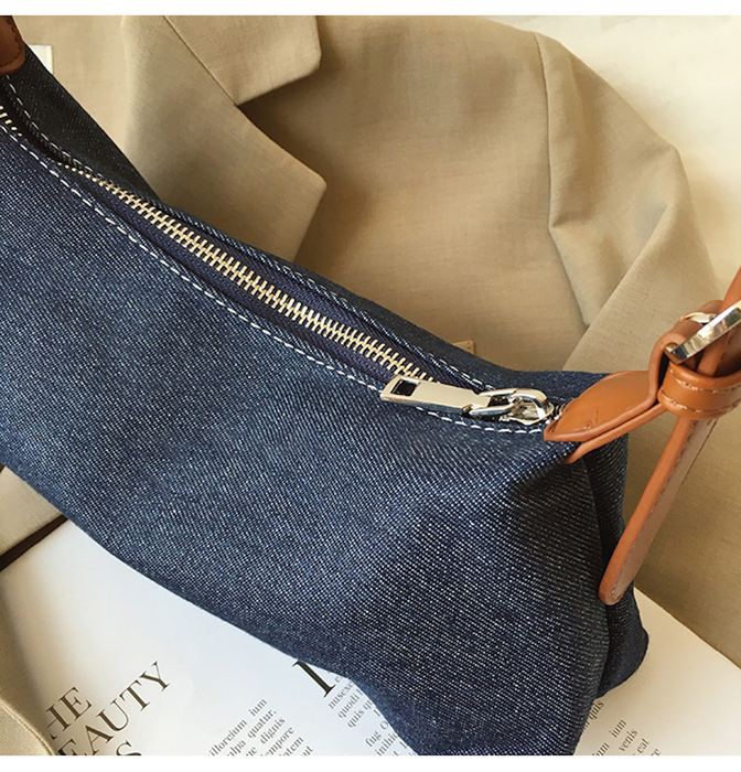 Denim Baguette Shoulder Bag with Brown Strap