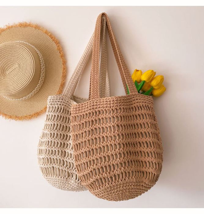 Cotton Crochet Bucket Bag with Horizontal Openwork Rows