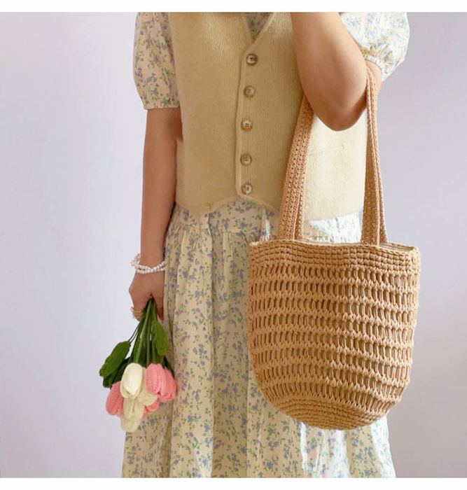 Cotton Crochet Bucket Bag with Horizontal Openwork Rows