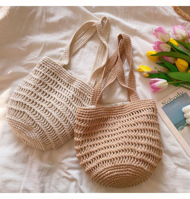 Cotton Crochet Bucket Bag with Horizontal Openwork Rows