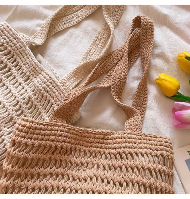 Cotton Crochet Bucket Bag with Horizontal Openwork Rows
