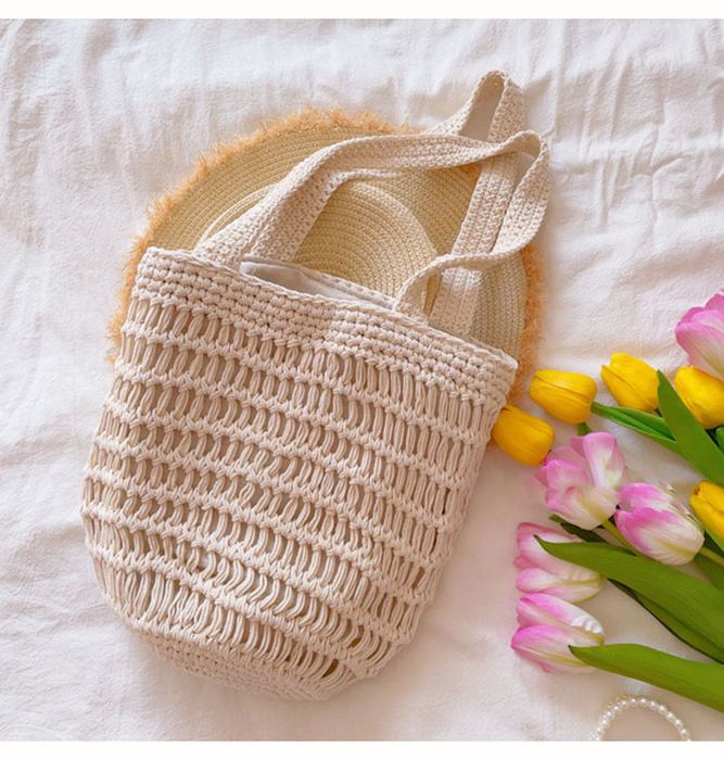 Cotton Crochet Bucket Bag with Horizontal Openwork Rows