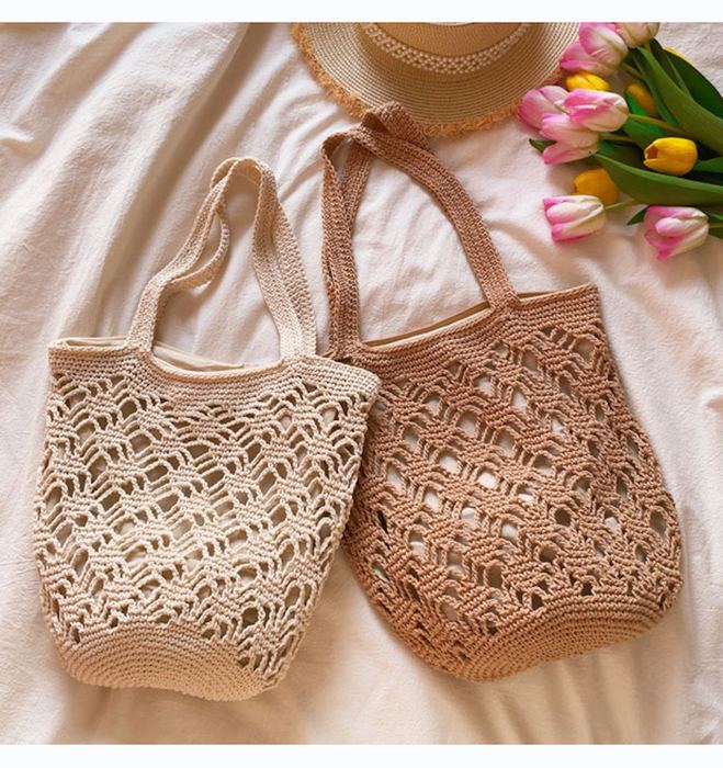 Diamond Openwork Cotton Crochet Bucket Bag