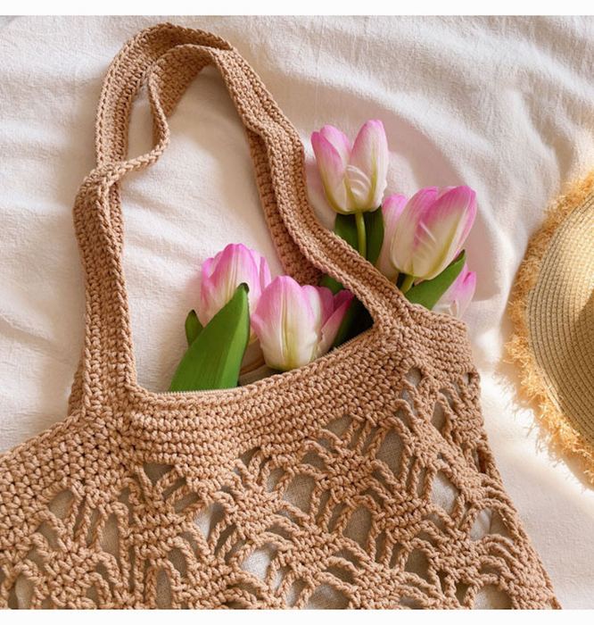 Diamond Openwork Cotton Crochet Bucket Bag