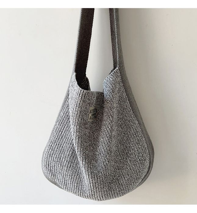 Rounded Cotton Knit Shoulder Bag with Wide Strap