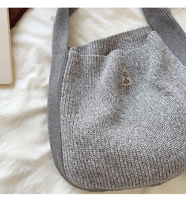 Rounded Cotton Knit Shoulder Bag with Wide Strap