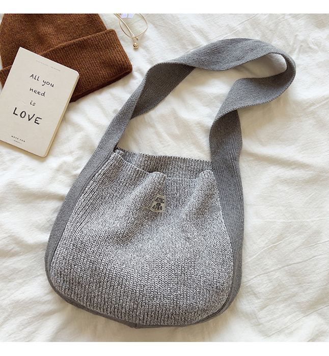 Rounded Cotton Knit Shoulder Bag with Wide Strap