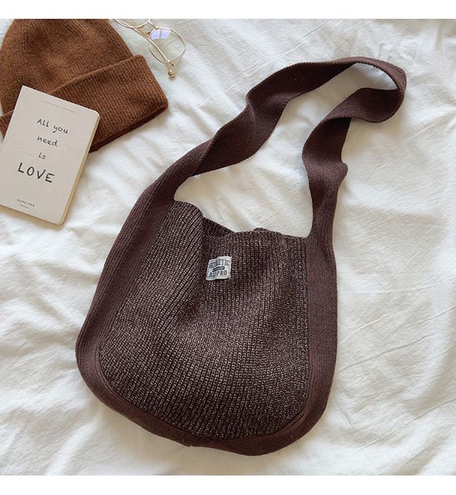Rounded Cotton Knit Shoulder Bag with Wide Strap