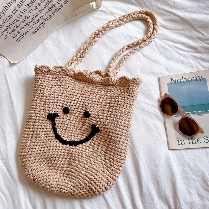 Smiley Face Cotton Knit Bucket Shoulder Bag