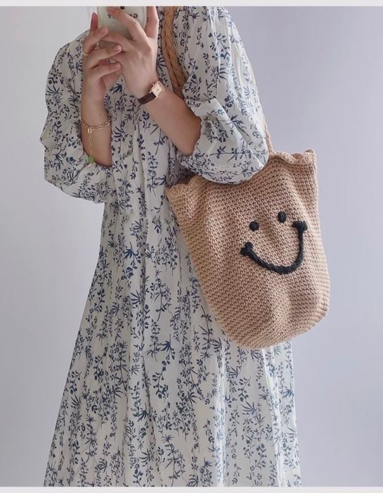 Smiley Face Cotton Knit Bucket Shoulder Bag