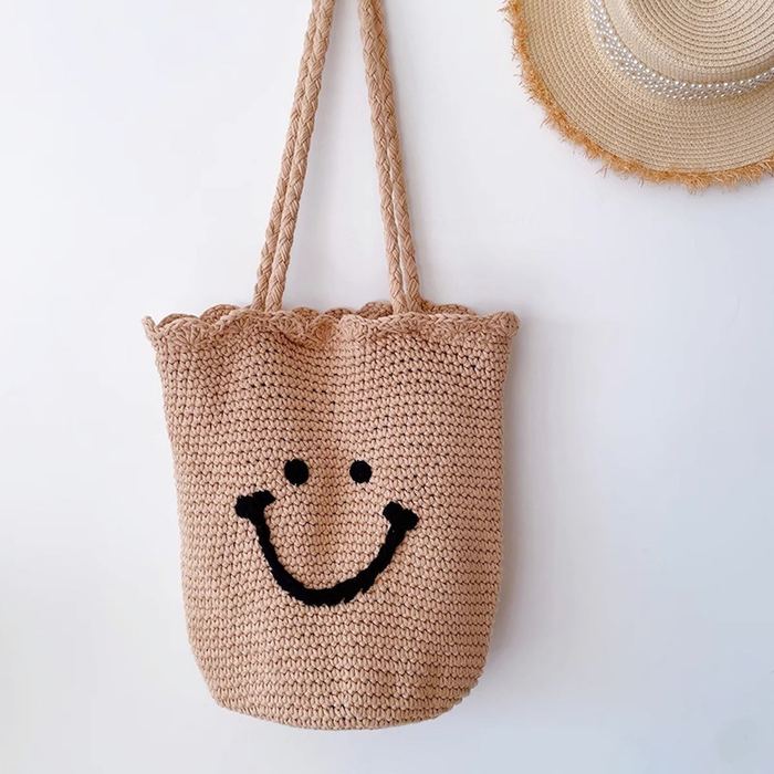 Smiley Face Cotton Knit Bucket Shoulder Bag