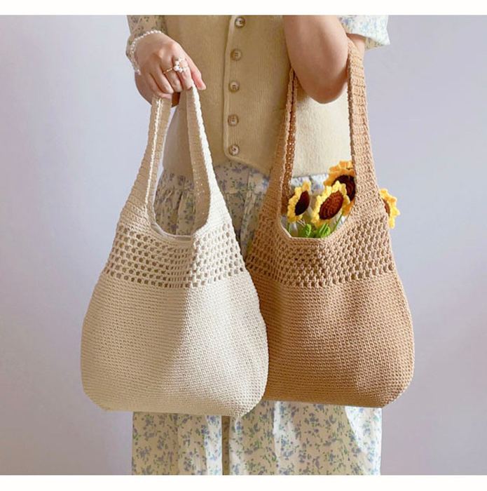 Rounded Cotton Crochet Tote with Openwork Top Band