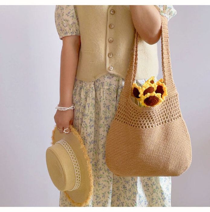 Rounded Cotton Crochet Tote with Openwork Top Band