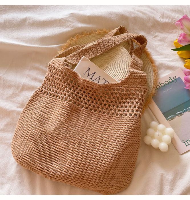 Rounded Cotton Crochet Tote with Openwork Top Band