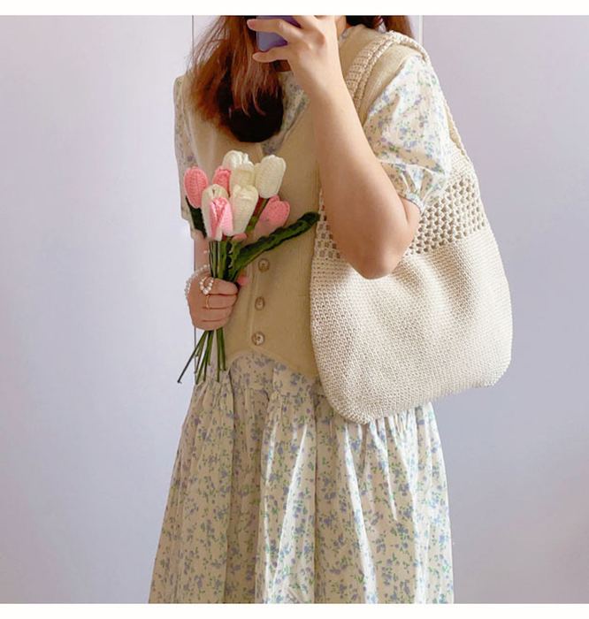 Rounded Cotton Crochet Tote with Openwork Top Band