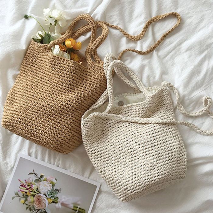 Textured Cotton Crochet Bucket Bag with Twin Handles