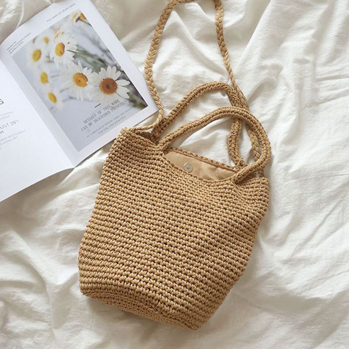 Textured Cotton Crochet Bucket Bag with Twin Handles