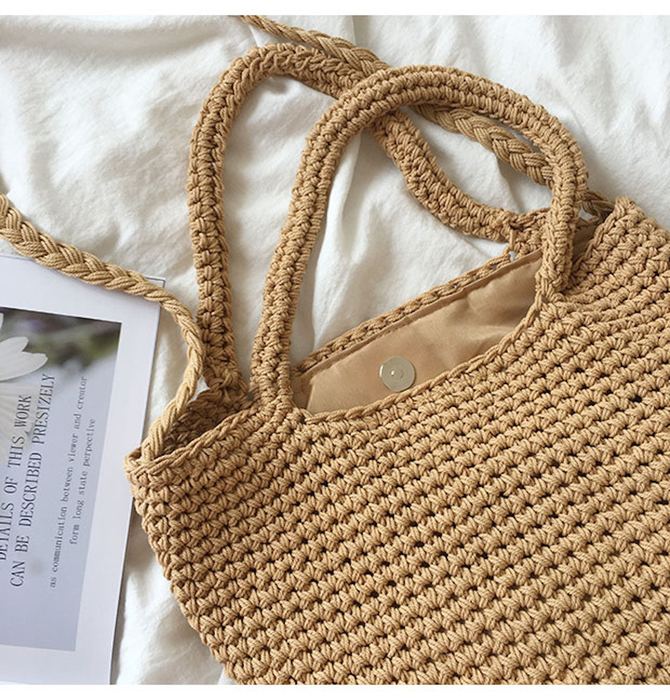 Textured Cotton Crochet Bucket Bag with Twin Handles
