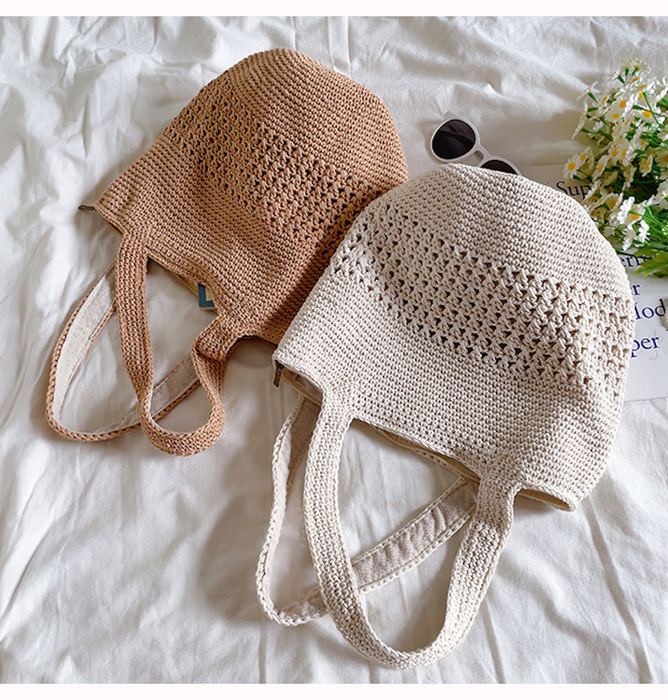 Cotton Crochet Bucket Bag with Wide Matching Handles