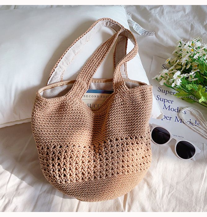 Cotton Crochet Bucket Bag with Wide Matching Handles