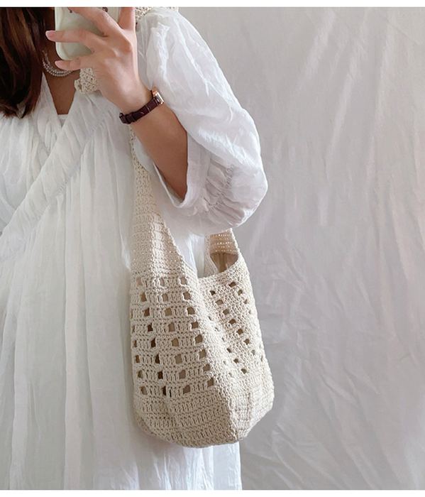 Openwork Cotton Crochet Bucket Shoulder Bag